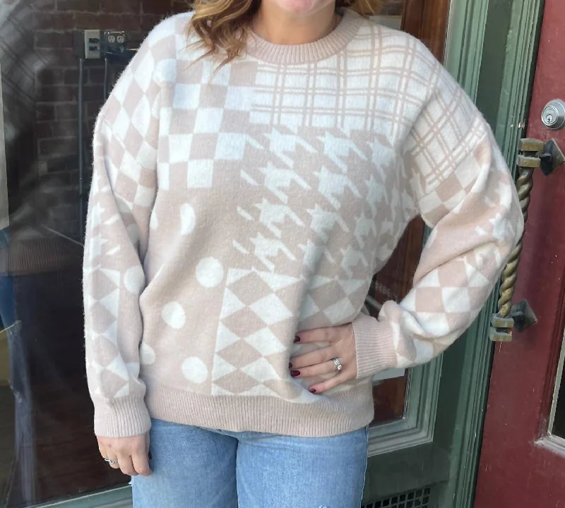 Women's Outfit For The Office Evening Elegance Mixed Checkered Sweater In Taupe