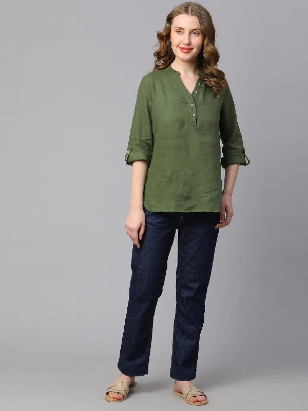 Women's Trendy Apparel Lighten Up With Nordic Styles Women's Green Linen Regular Fit Blouse