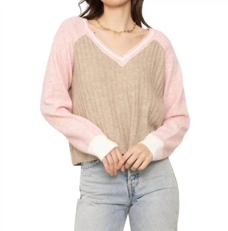 Formal Outfit For Women Fashion-Forward Outfits Millie Varsity Sweater In Beige/pink