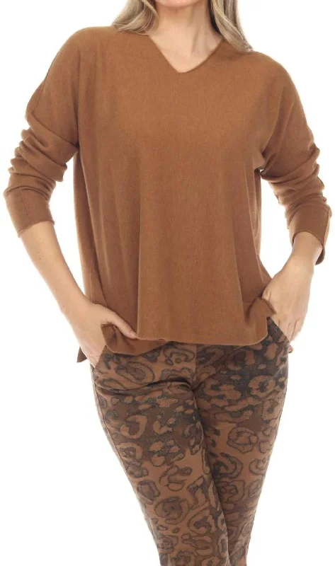 Casual Chic Clothing For Women First Order Discount Solid V-Neck Shimmer Sweater In Camel