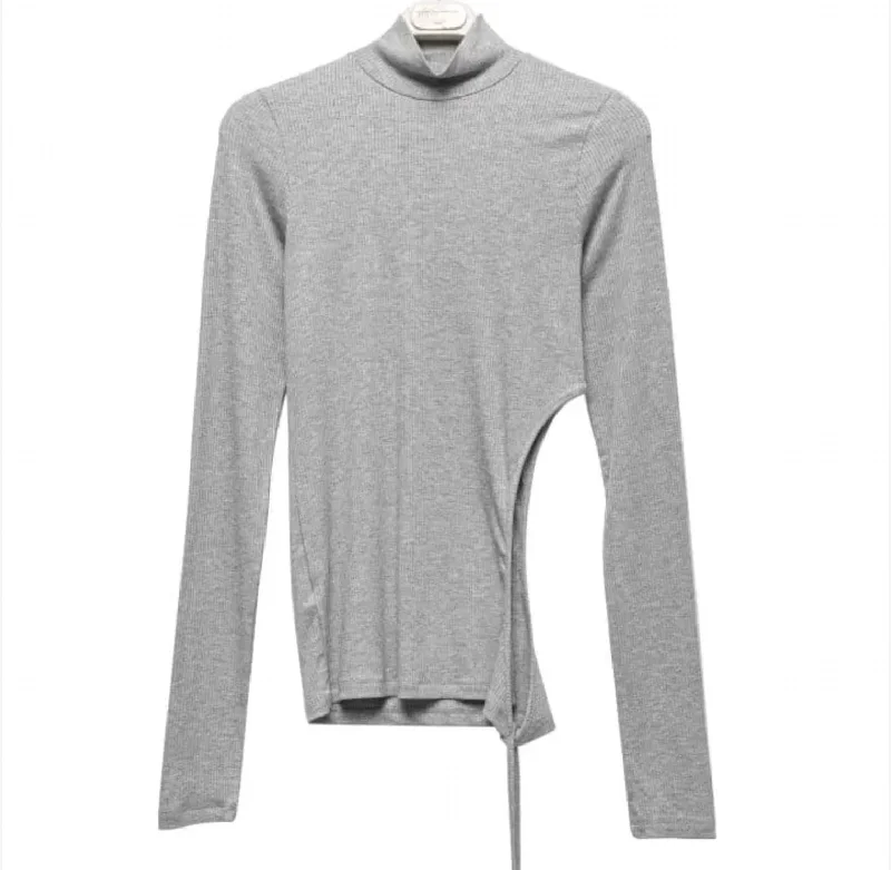 Elegant Clothing For Women Anniversary Sale Women's Ribbed Tie Cut Out Turtle Neck Top In Gray