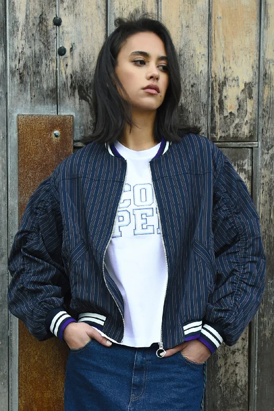 Comfortable Outfit For Women Trend Driven Wardrobe Cooper Crop Up Jacket - Navy Pinstripe | PRE ORDER ARRIVING 14th FEBRUARY