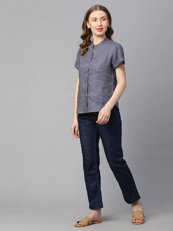 Vintage-Inspired Garments Feminine Flow Women's Grey Linen Slim Fit Blouse