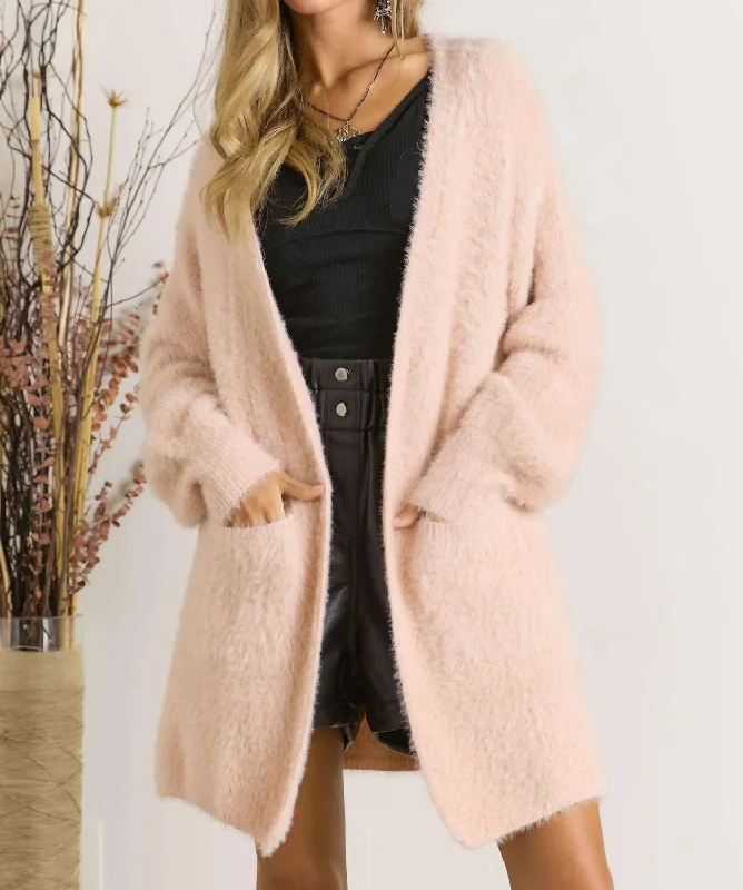 Elegant Women's Attire Find Your Unique Flair Curvy Fuzzy Solid Open Cardigan In Blush