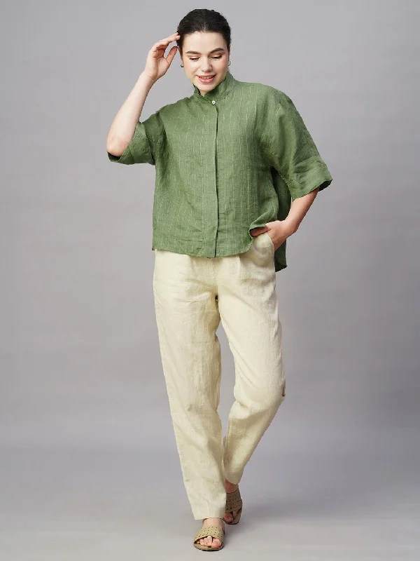 Women's Fashion Clothes Hot Sale Women's Green Linen Boxy Fit Blouse