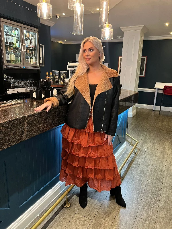 Women's Vacation Outfit Romantic Date - Night Ensemble Olga Ruffle Skirt Rust