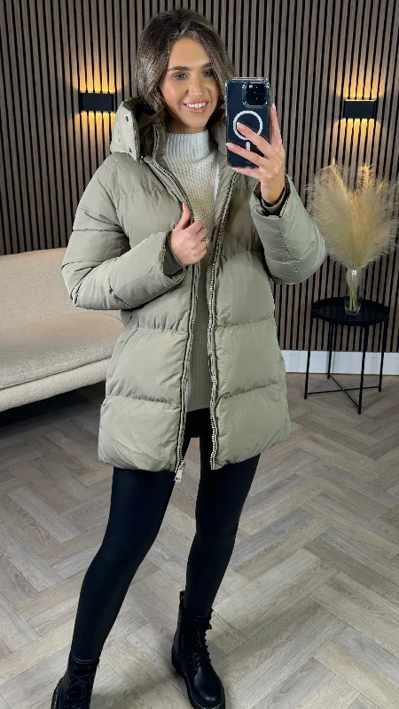 Women's Athletic Garments Dive Into Trendy Styles Marissa Khaki Hooded Puffer Coat