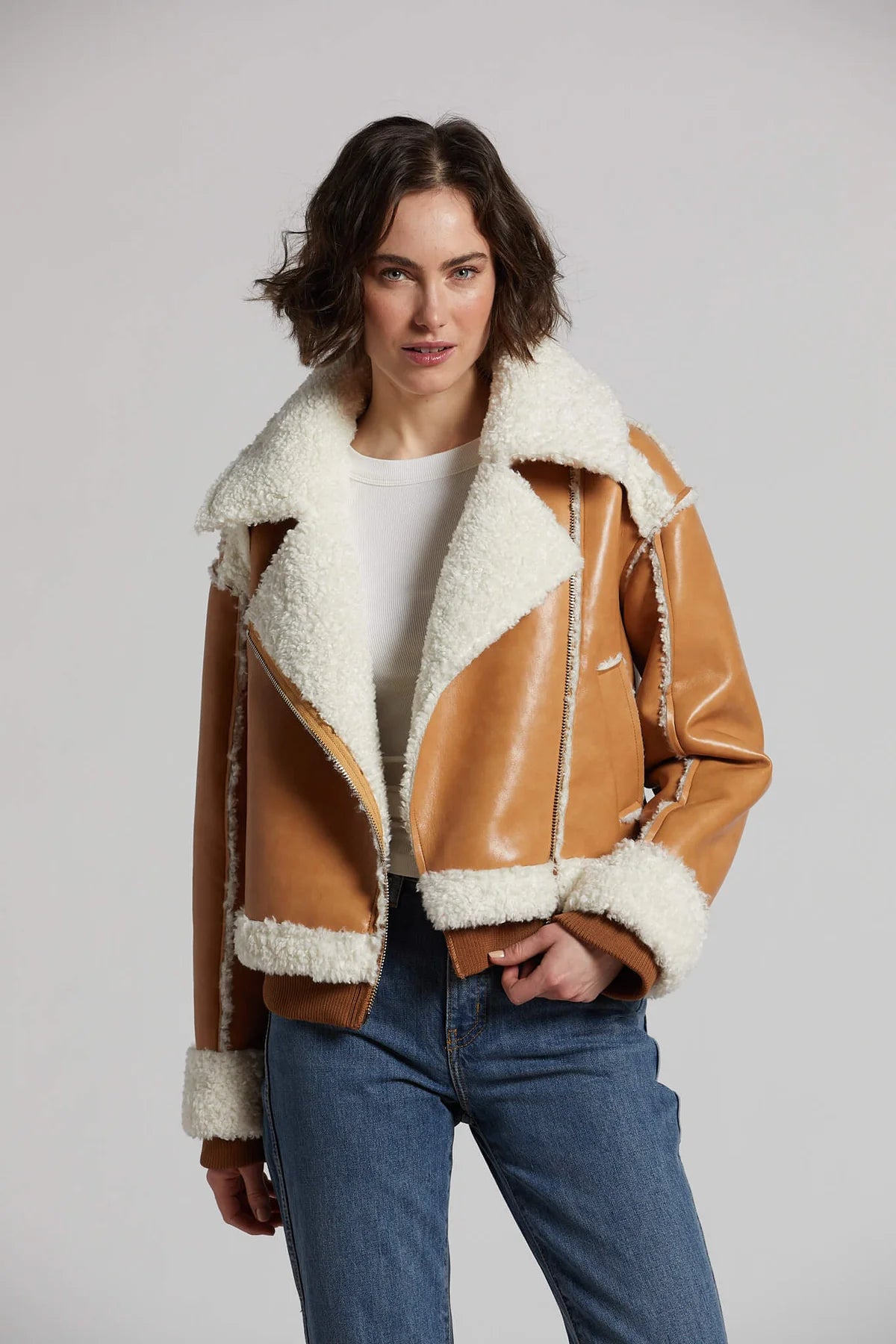 Women's Comfortable Apparel The Good Stuff Clayton Faux Shearling Moto Jacket - Camel