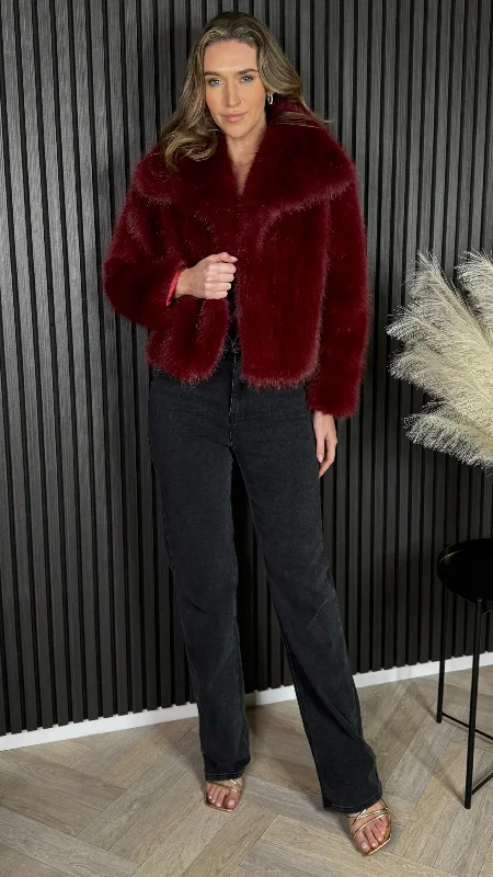 Affordable Women's Attire Explore What's New Valentina Dark Red Collared Fur Jacket