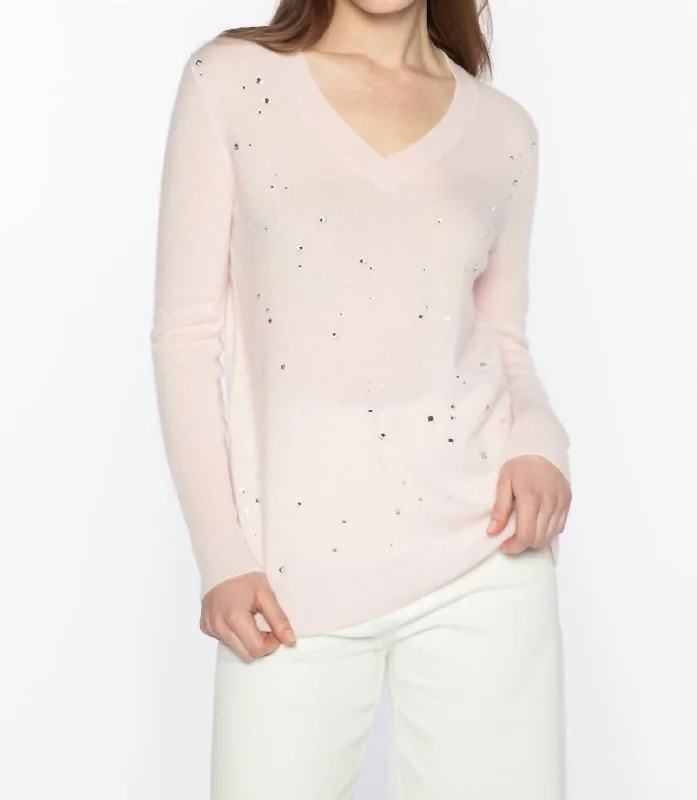 Women's Transitional Clothes Rustic Countryside Charm Look Crystal Vee Sweater In Blush