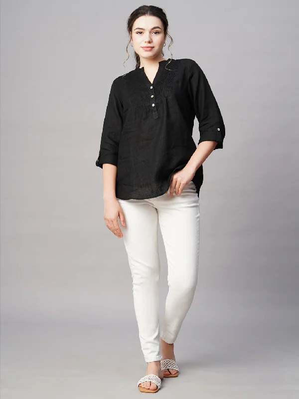 Luxury Women's Clothing Holiday Attire Sale Women's Black Linen Regular Fit Blouse