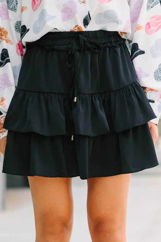 Chic Women's Garments Father'S Day Deals Take The Leap Black Satin Ruffled Skort