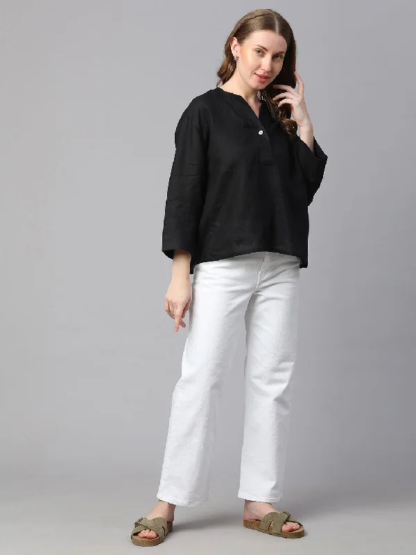 Affordable Women's Clothes Chic Styles Women's Black 100% Linen Boxy Fit Blouse