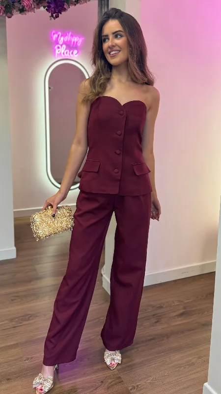 Trendy Athleisure Clothing For Women Elevate Your Wardrobe Farrah Burgundy Bustier Top & Trousers Co-Ord