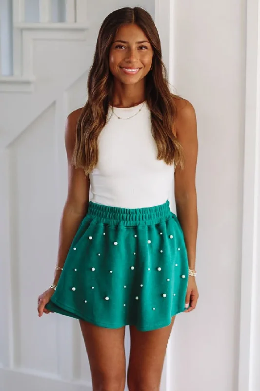 Women's Clothing Outfit Set Stylish Savings So Close Pearl Embellished Skort - Green