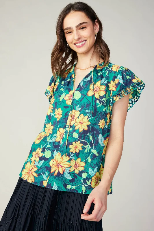 Women's Resort Apparel Fashion Frontiers Botanical Print Eyelet Blouse