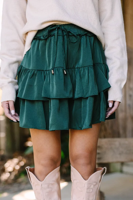 Women's High-Fashion Garments Save On Inspired Styles Take The Leap Hunter Green Satin Ruffled Skort