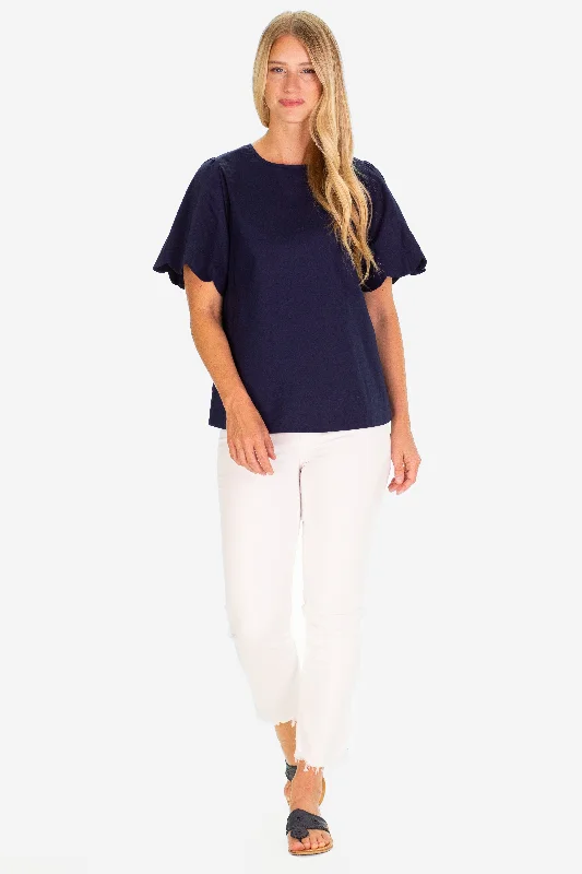 Fashionable Women's Casual Apparel Summer Essentials The Feye Flutter Sleeve in Navy Stretch