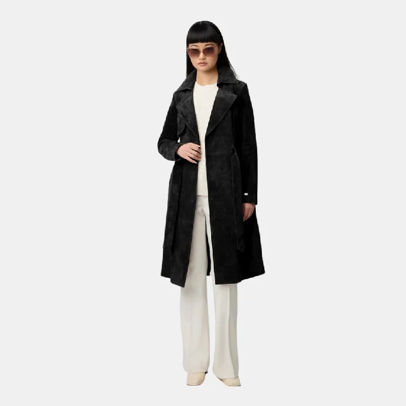 Women's Vacation Outfit Your Timeless Wardrobe Awaits Alexis-N Slim-Fit Suede Trench Coat (Black)